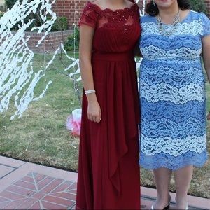 Burgundy Lace Short Sleeve Ruched Bust Gown